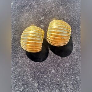 Vintage GIVENCHY Signed Chunky Ribbed Pierced Earrings Half Hoop Gold Tone